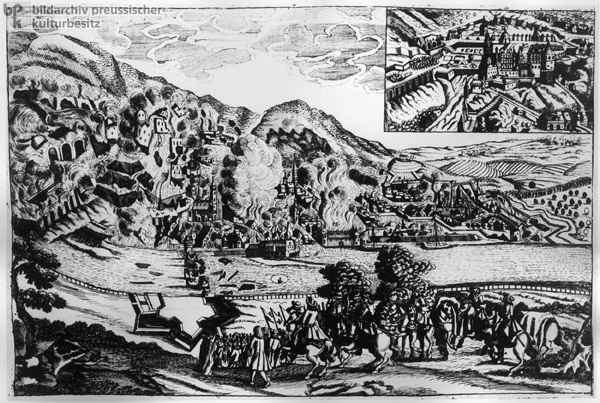 Broadside depicting the Destruction of Heidelberg (1689) under the Leadership of French General Mélac (Undated Engraving)
